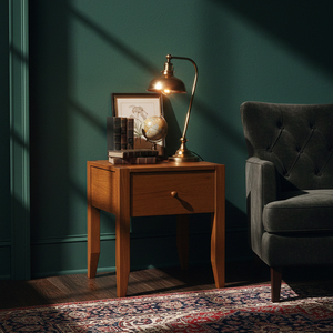 Elegante Mesita de Noche de Madera de Teca con Patas Cónicas |   Con 1 Cajón y Patas Cónicas para una Decoración de Dormitorio Ligera, Aireada y Moderna - Product Image 1