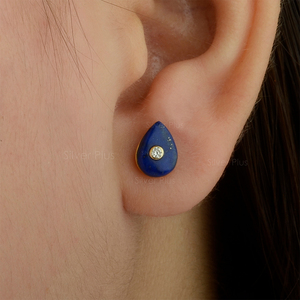 Boucle d'oreille classique en or massif 14 carats avec diamant lapis pour fiançailles, mariage ou fête également disponible en 10 carats/18 carats - Product Image 6