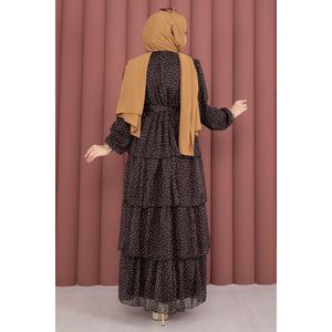 Vestido de Gasa Marrón con Estampado de Puntos, Cinturón en Capas, Cintura Imperio, Silueta en A Modesta - Product Image 6