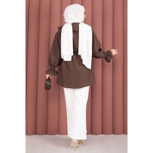 Túnica Formal Marrón para Mujer con Cuello Bordado, Cintura con Cordón Ajustable, Adornos Florales, Chifón, Tejido de Rayón, Tallas XS-XL, Ideal para Fiestas - Product Image 6