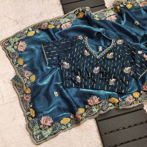 Sari traditionnel Jimmy Cho, pur et doux, broderie multi-fils lourde, bordure ajourée fantaisie, non cousu, 2 latkans, pour mariage et fête - Product Image 5