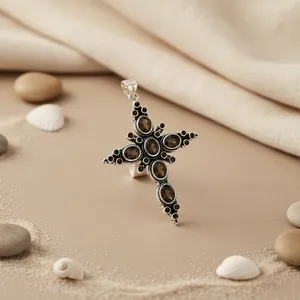 Pendentif croix antique plaqué argent avec pierres d'onyx, charme religieux pour femmes, bijoux en argent tibétain, cadeau - Product Image 2
