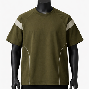 Camiseta Personalizada Extra Grande con Ribete en Contraste para Hombre, Color Verde Oliva, Estilo Raglán, Streetwear, Algodón, Manga Corta, Casual, Moda - Product Image 1