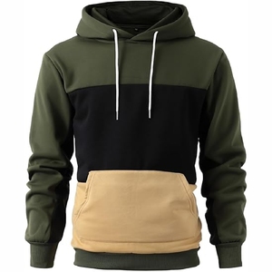 เสื้อฮู้ดผู้ชายสีเขียวมะกอกและสีดำแบบคัลเลอร์บล็อก พร้อมกระเป๋าจิงโจ้สีแทน - Product Image 1