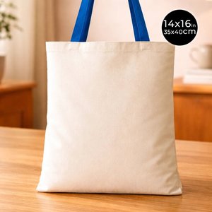 Cotton Tote <b>Bag</b> 14x16 with Saks Blue Handles <b>Reusable</b> Eco-Friendly for Foods Advertising Gifts Heat Transfer Printing Recyclable - Product Image 2