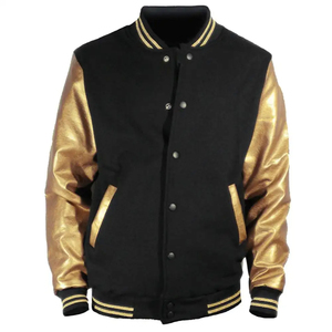 High Quality Wholesale Black <b>Gold</b> Versity Jacket Men with Leather Sleeves Custom CollegeBaseballjacket for men - Product Image 1