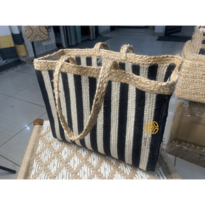 Large Jute and Cotton Tote <b>Bag</b> with Striped Design Open Closure Carry <b>Bag</b> for Summer Shopping and Travel (16x7x13 In) - Product Image 4