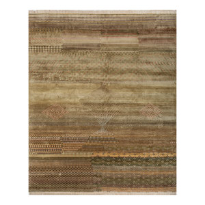Tapis en soie noués à la main Manchaha grande surface vert 10 mm rectangulaire abstrait patchwork pour entrée, couloir, chambre d'adolescent - Product Image 1