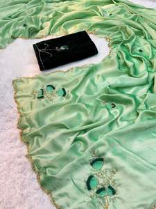 "Precioso Sari de seda con borde Cutdana de tres capas con estampado floral para mujer" - Product Image 2