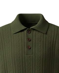 Manufacturer Custom Mens Vertical <b>Cable</b> <b>Knit</b> Polo <b>Sweater</b> Long Sleeve Button Neck Warm Winter Pullover Top In Green - Product Image 4