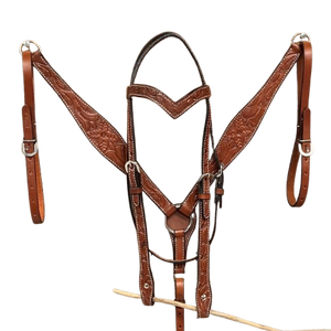 ชุดอุปกรณ์ขี่ม้าหนังแท้ลายดอกไม้แบบตะวันตก ประกอบด้วยบังเหียน สายรัดอก และสายรัดหัว ผลิตในอินเดีย - Product Image 1