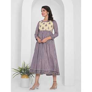 Vestido Anarkali largo de algodón con estampado de bloques azul marino, producto de ropa americana - Product Image 4