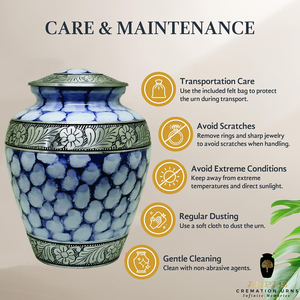 Urna Funeraria Azul con Bolas de Algodón Blancas y Diseño de Flores/Hojas Plateadas, Ecológica y Duradera, Capacidad de 220 Pulgadas Cúbicas para Cenizas Humanas - Product Image 6