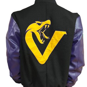 Logo personnalisé veste universitaire col montant 100 corps en laine avec cuir synthétique vraies Photos nouveau Design broderie noire - Product Image 1