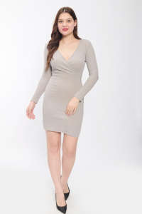 Mode moderne à manches longues col en V moulante Mini robe femmes gris foncé Spandex Slim Fit pour la fête Clubwear - Product Image 5