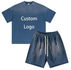 Conjunto de rendimiento para hombre, lavado con ácido, cuello redondo, manga corta, cómodo y transpirable, ropa informal de secado rápido, entrenamiento personalizado - Product Image 2