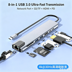 Adaptador Multipuerto <span class=keywords><strong>USB</strong></span> <span class=keywords><strong>C</strong></span> 8 en 1 con HDMI 4K, Carga PD de 100W, Ethernet RJ45, <span class=keywords><strong>USB</strong></span> 3.0, Lector de Tarjetas SD/TF para MacBook - Product Image 1