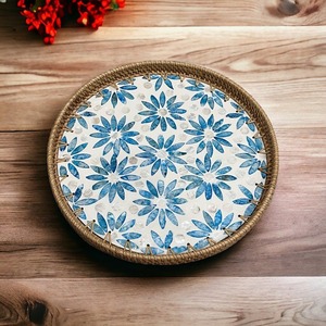 Best Selling Mother Of Pearl With <b>Rattan</b> Serving Tray Round Blue Flower Design Natural <b>Frame</b> For Home Decor Hotel Sustainable - Product Image 4