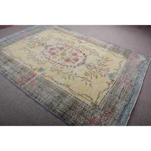 Alfombra Turca, Alfombra Grande de 6,8x9,5 pies, Alfombra de Lana Azul y Amarilla - Product Image 4