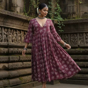 Maroon Hand Block <b>Print</b> Midi <b>Dress</b> V Neck Flare Sleeve Cotton Summer <b>Dress</b> Women Ethnic Bohemian Gown <b>Indian</b> Artisan Clothing - Product Image 1