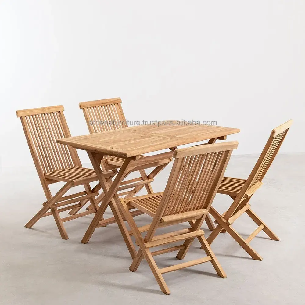 Meubles pliants pour restaurant Ensemble de tables à manger rectangulaires en bois de teck 4 chaises pliantes portables pour événements et banquets