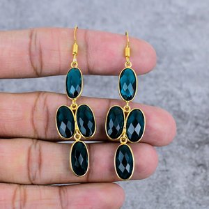 Pendientes colgantes de plata de ley 925 hechos a mano, apatita azul, cuatro piedras preciosas, forma ovalada, chapados en oro, a la moda para Bodas de mujer - Product Image 2