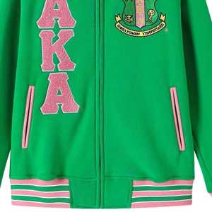 Chaqueta universitaria AKA Green Fleece unisex con bordado de chenilla rosa, estilo griego, de algodón premium con cremallera, estilo urbano. - Product Image 3
