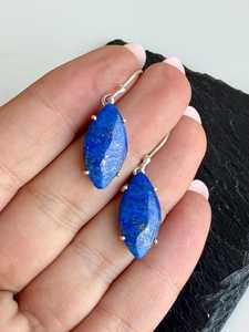 Marquise Lapis Lazuli <b>Earrings</b> Navy <b>Blue</b> Small Delicate Prong Set Ear Wire 925 Sterling <b>Silver</b> September Birthstone Wisdom - Product Image 3