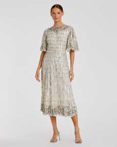 Elegante Vestido de Noche Largo hasta la Rodilla, Estilo Aline, de Chifón Sólido, con Mangas de Lentejuelas y Cuentas, Estilo Vestido de Gala para Fiesta - Product Image 2