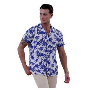 Camisa informal de manga corta de corte relajado de gran tamaño con estampado digital de Palma hawaiana blanca y azul - Product Image 4