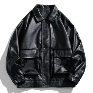 Automne nouveaux hommes fermeture éclair solide veste en cuir PU manteau de Streetwear surdimensionné avec tissu de toile de Style Hip Hop - Product Image 3