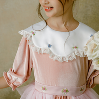 Tulle velours automne Style enfant Couture multicolore demi manches velours petite fille robe à la main perle broderie Mini ODM - Jolie