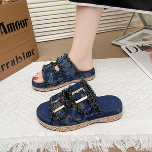 New Women Denim Buckle Espadrille Platform Slides Wholesale Bulk Custom <strong>Ladies</strong> Frayed Edge Platform Sandals for Summer Beach - Product Image 2