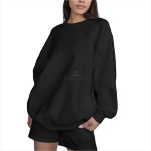 Women's Oversized Crew Neck Sweatshirt Solid <b>Black</b> Drop Shoulder Long Sleeve 100% Cotton Knitted Breathable Autumn Wear - Product Image 1