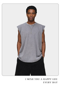 Gilet de gymnastique pour hommes T-shirt sans manches en gros T-shirt pour hommes à col rond et à épaules dénudées en coton Gilet rétro T-shirt ample pour hommes - Product Image 4