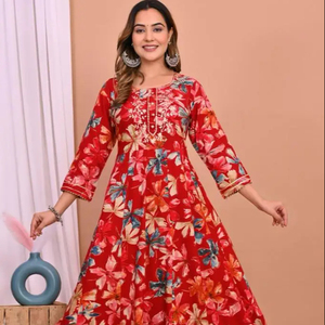 Soft Comfortable Women's Printed Rayon Formal Summer Loose Fit Floor-Length <b>Kurti</b> for Daily Wear Use Available Wholesale Indian - Product Image 1
