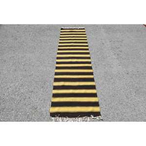 Turkish Rug, Runner 2.1x7.3 ft Vintage Rug, Black <b>Yellow</b> Patchwork <b>Wool</b> Rug - Product Image 1