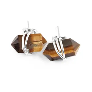 925 Sterling Silver Stud Earrings with Drilled Tiger Eye and Turquoise Gemstones Two-Side Point Spike Design for Women