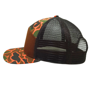 Sombrero de camionero de camuflaje marrón naranja de 7 paneles de alta calidad, hebilla de un solo pecho estructurada de malla negra, venta al por mayor, Unisex, todas las edades - Product Image 3
