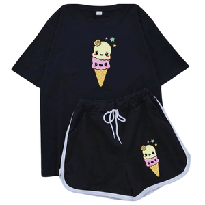 En stock, t-shirts à épaules tombantes avec shorts sexy au-dessus du genou, ensemble deux pièces pour filles, matière spandex, prix de vente en gros direct - Product Image 4