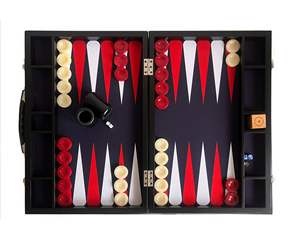 Jeu de backgammon de luxe fait main, taille tournoi, plateau en tissu rouge et blanc, étui en cuir 22x29 pouces (57x75cm), cube de multiplication en bois - Product Image 1