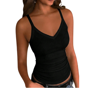 Débardeur côtelé pour femme, col en V, coupe ajustée, extensible, sans manches, décontracté, uni, été, tricot doux, séchage rapide, respirant, noir - Product Image 1
