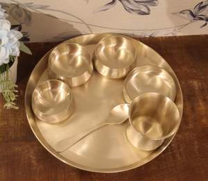 Hand Carved Brass Dinner Set <b>Dinnerware</b> Utensils-7 Pieces Home Hotel Ware Dining Occasional Gift Item Matt Finish -7 Pcs Set - Product Image 1