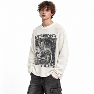Camiseta Personalizada de Manga Larga con Cuello Redondo, 100% Algodón, Tejido Waffle, Impresión Serigráfica, Estilo Vintage Desgastado, Moda Urbana - Product Image 5