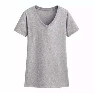 Camiseta de Verano 2026 para Mujer, Cuello en V, Logotipo Personalizado OEM, Diseño Básico Informal, Talla Grande, Manga Corta, Algodón Poliéster Gris, de Fábrica - Product Image 1