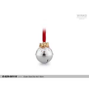 "Winko" Silver Round Rattle Ornament with Gold Bow and <b>Red</b> <b>Ribbon</b> Christmas Hanging Bell (E-629-00110-990) - Product Image 1