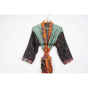 Bata Kimono de Seda 100% Pura para Mujer, Transpirable, Larga, con Cierre de Cordón, Tela de Sari Indio - Product Image 2