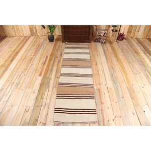Vintage 2.4x8.9 ft Rug, Runner Turkish Rug, <b>Brown</b> Geometric <b>Wool</b> Rug - Product Image 1