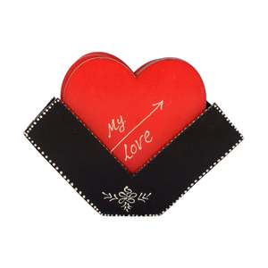 ECraftIndia Set of 6 <b>Heart</b>-Shaped <b>Black</b> and Red Wooden Tea Coasters Elegant Tabletop Protection - Product Image 1
