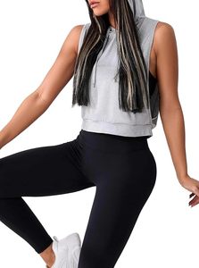 Femmes 100% coton sans manches à capuche Crop débardeur ouvert côté entraînement vêtements de sport Hip Hop Style respirant court pour l'hiver avant - Product Image 4